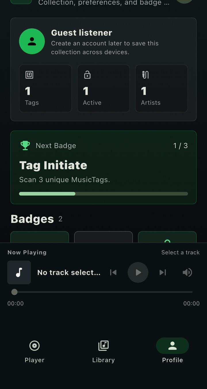 MusicTap profile and badges screen